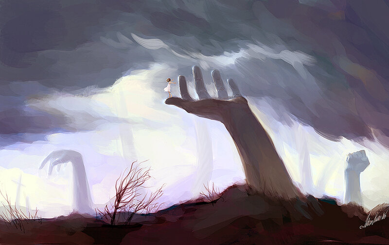 Giant hand emerging from storm