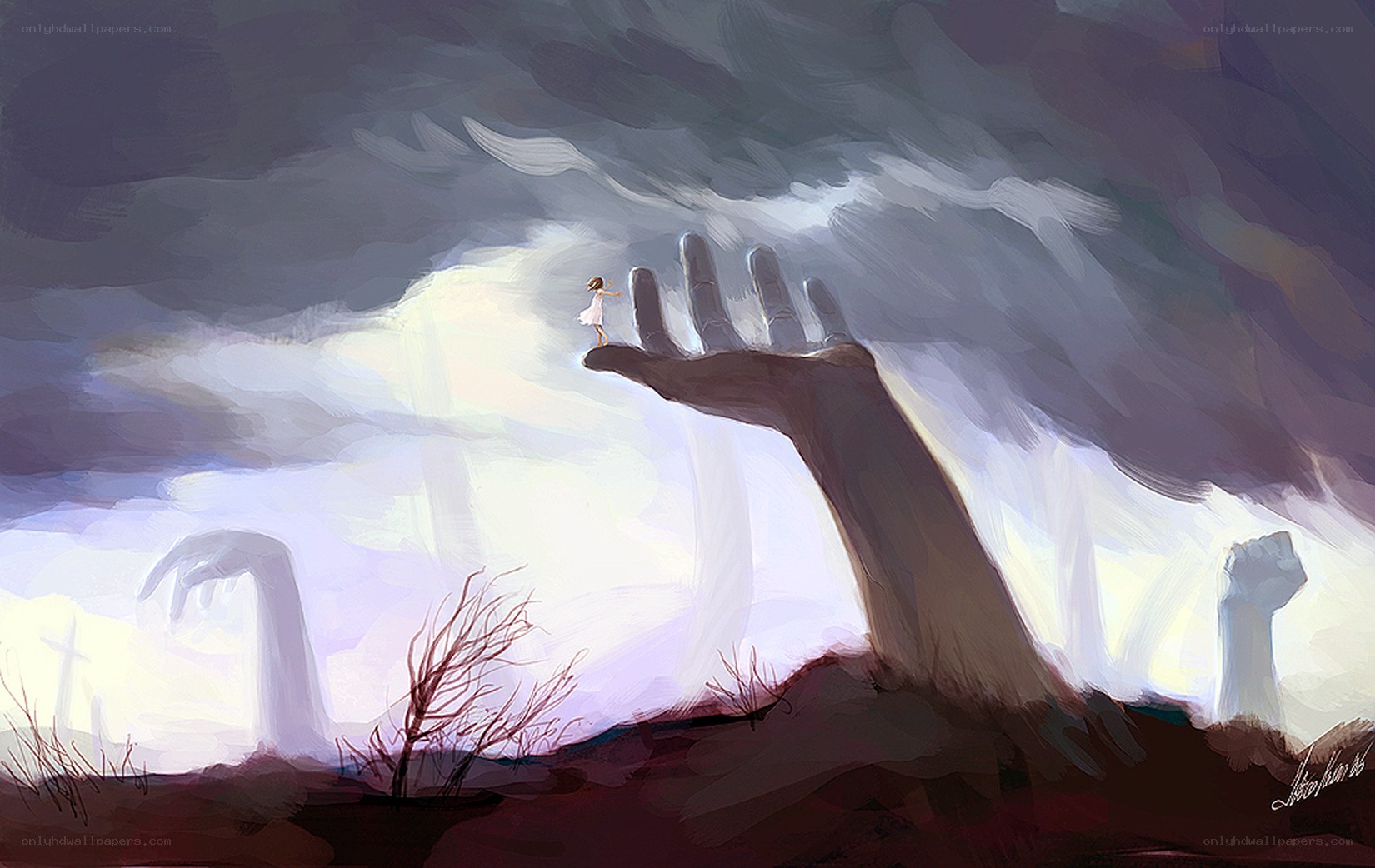 Giant hand emerging from storm