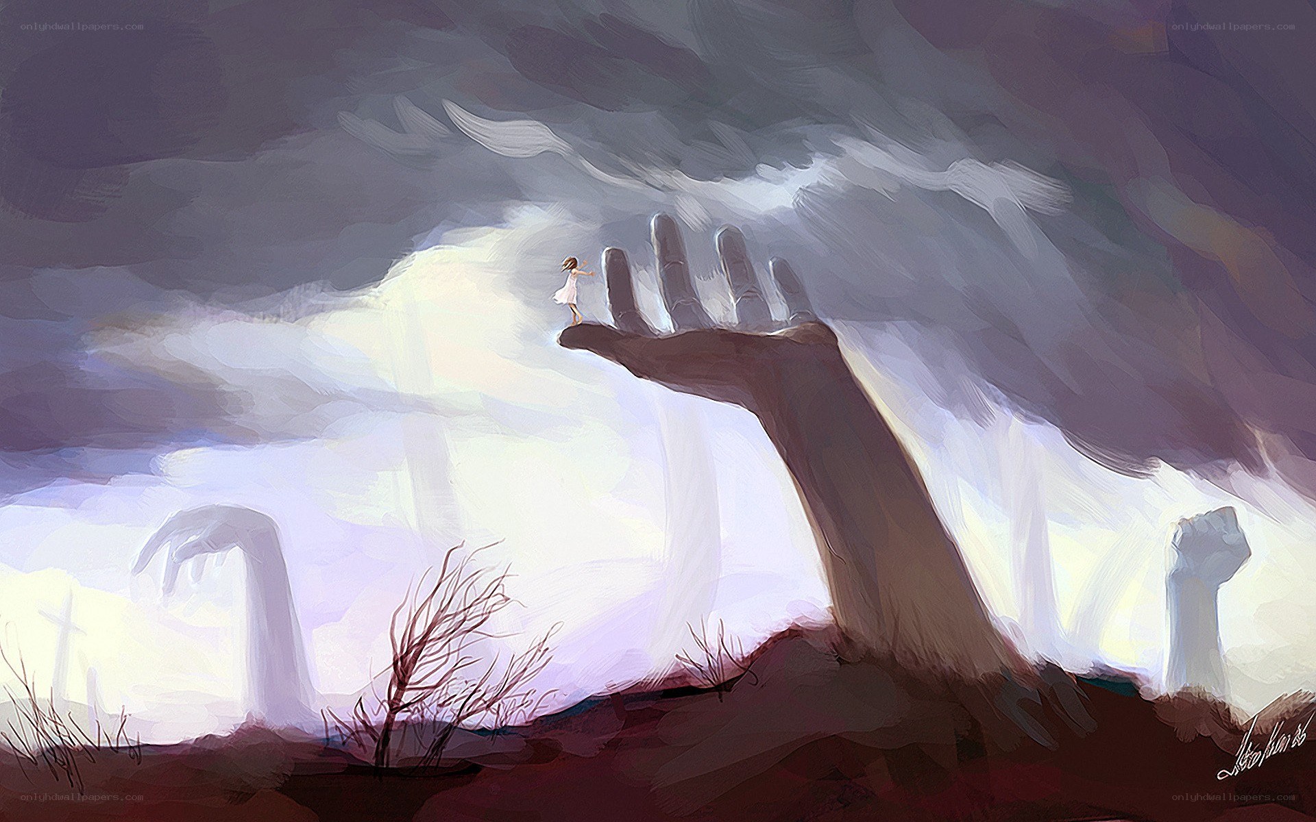 giant hand holding a child