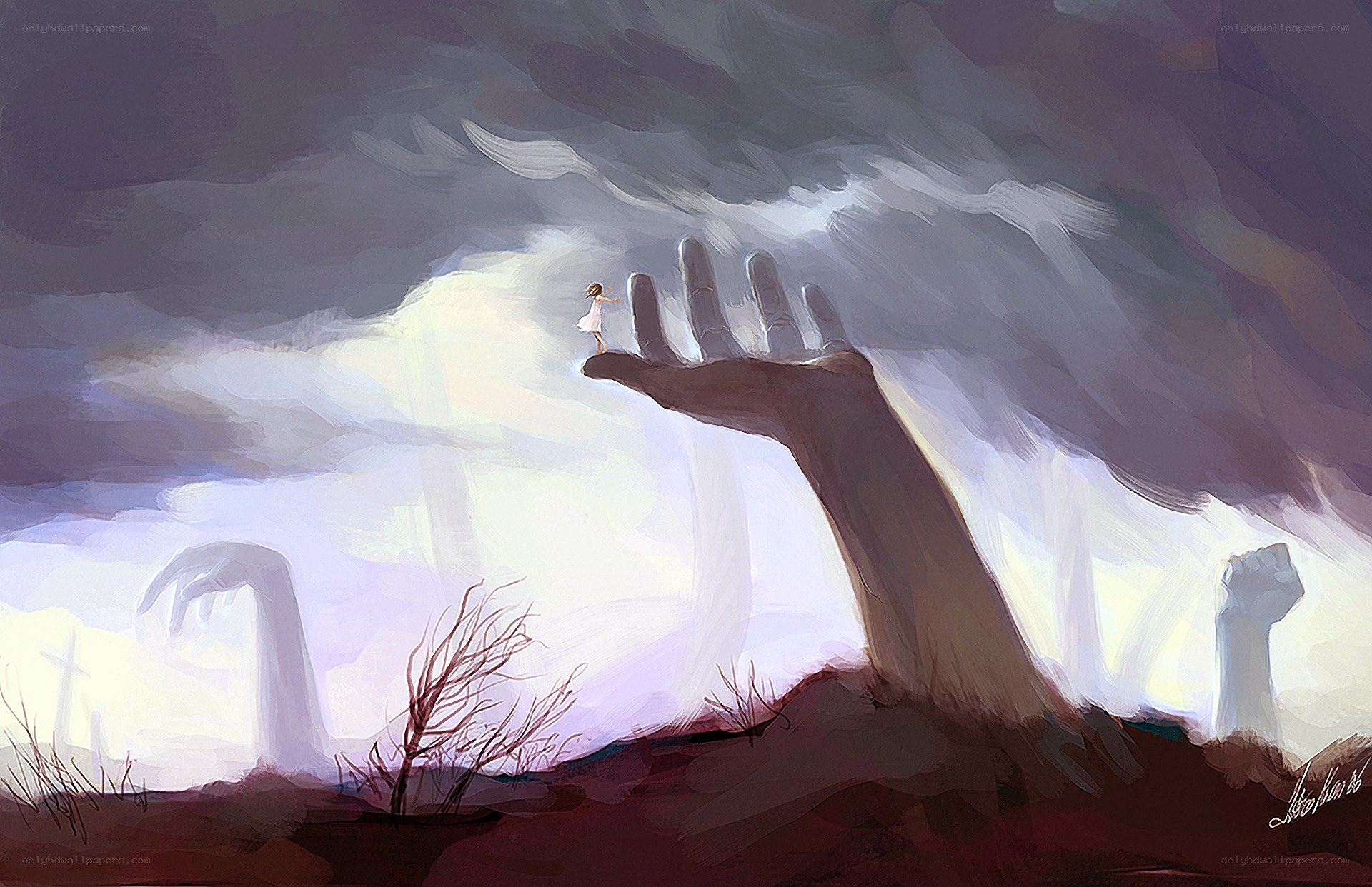 giant hand holding a child