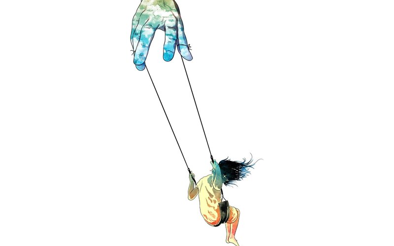 giant hand pushing child on swing