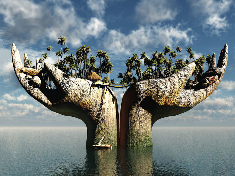 giant hands holding a tropical island