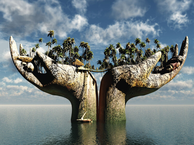 giant hands holding a tropical island