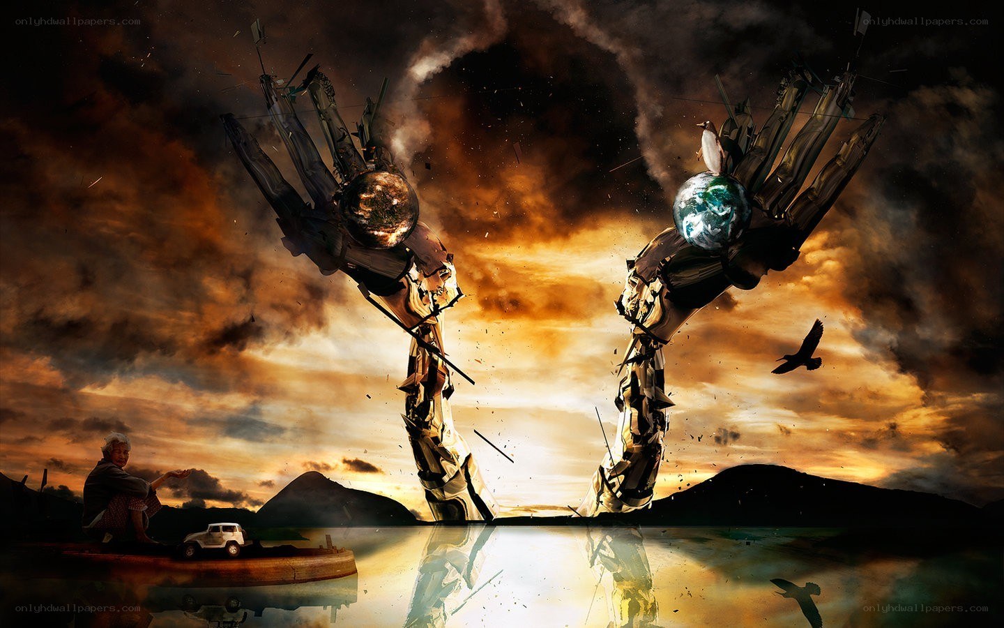 giant hands holding earth