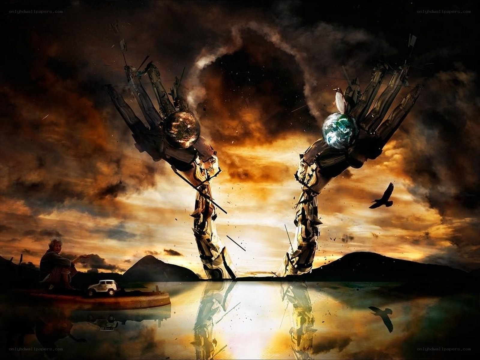 giant hands holding planets