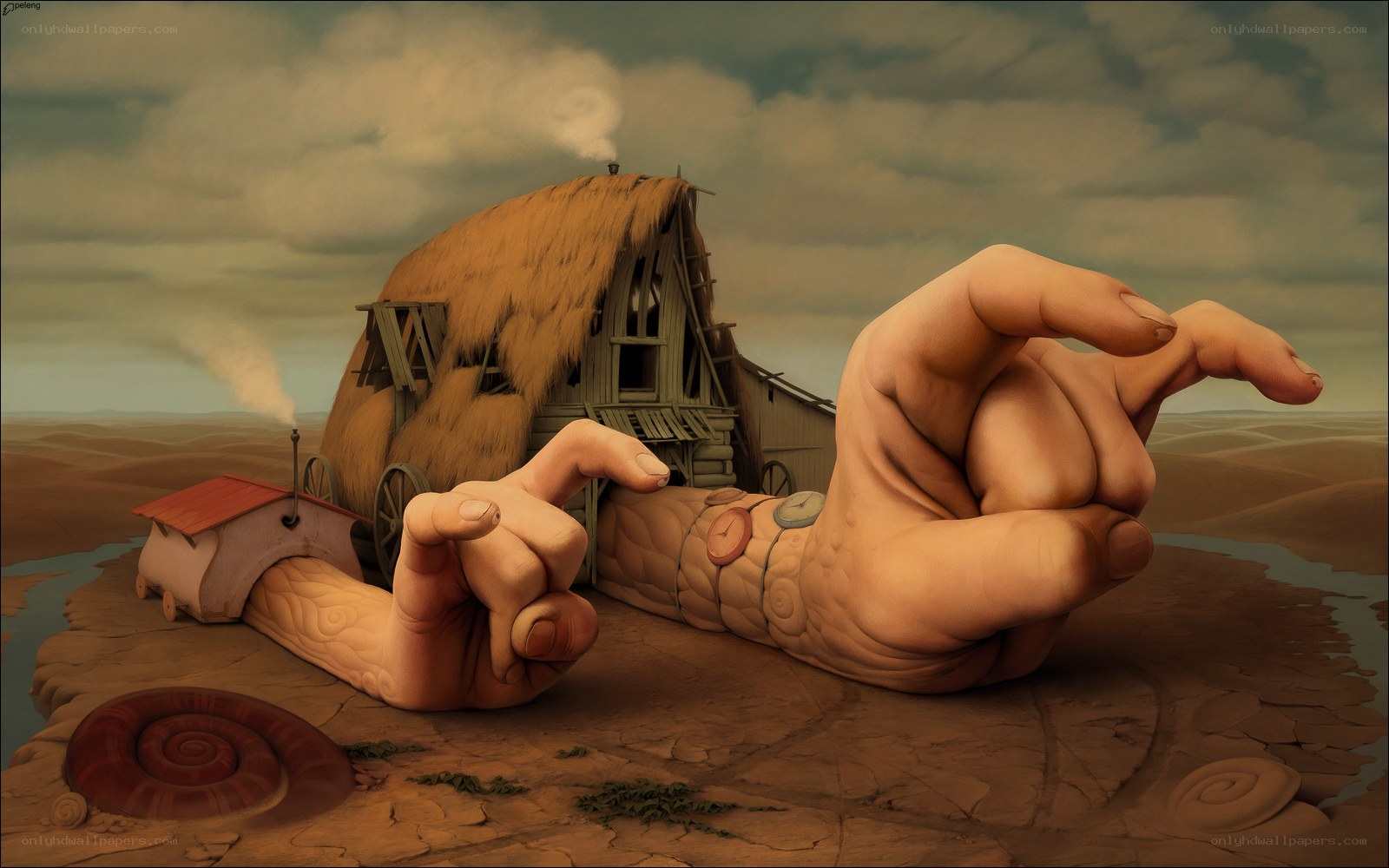 Giant hands in a desert landscape