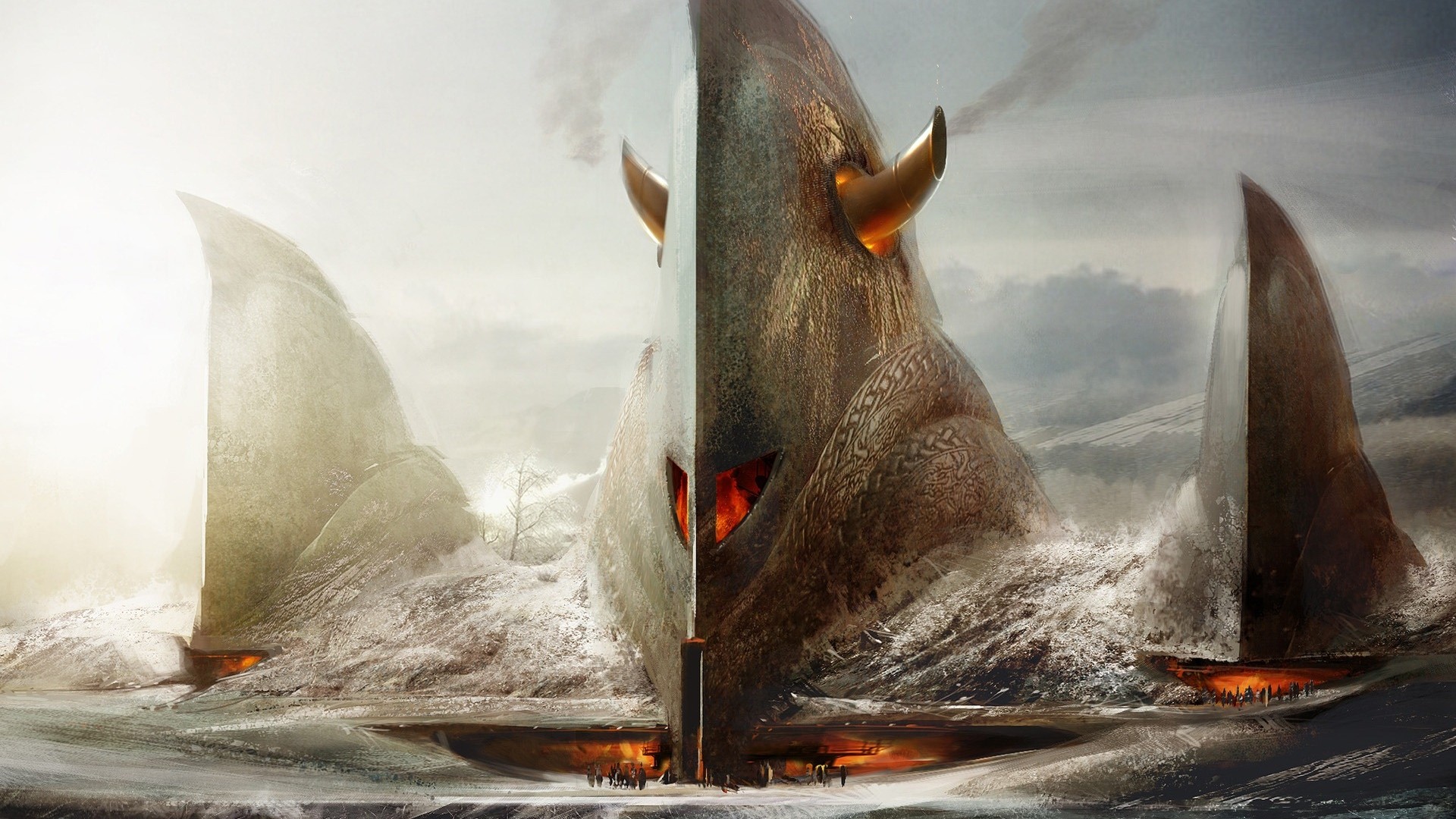 giant helmeted creature in storm