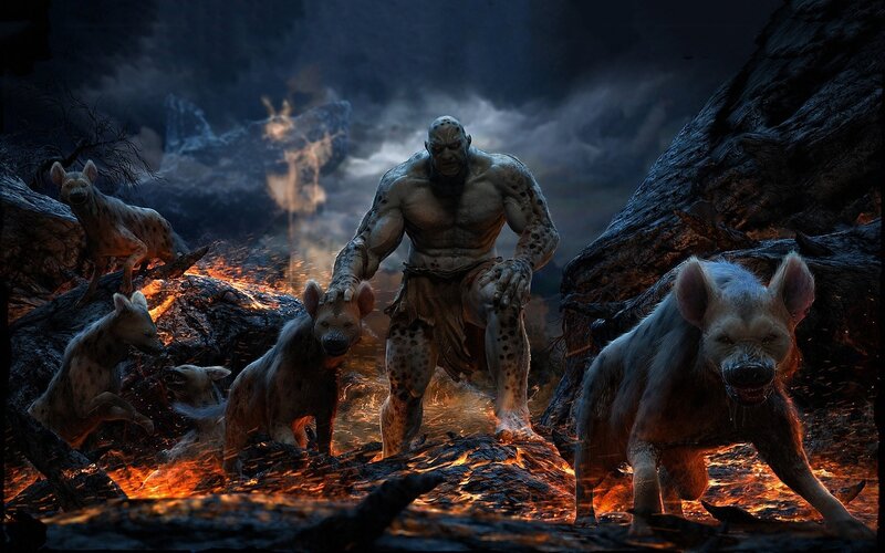 Giant Humanoid with Hyenas — Black, Dramatic, Night