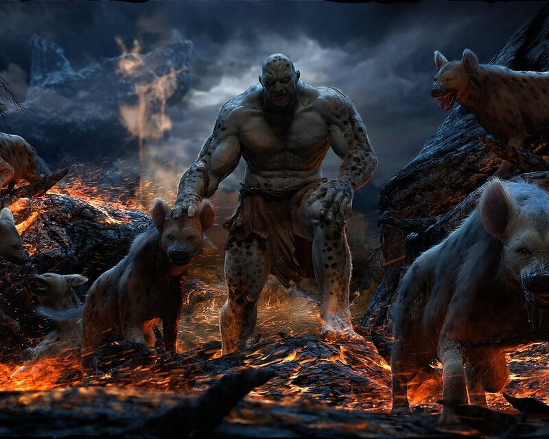 Giant Humanoid with Hyenas