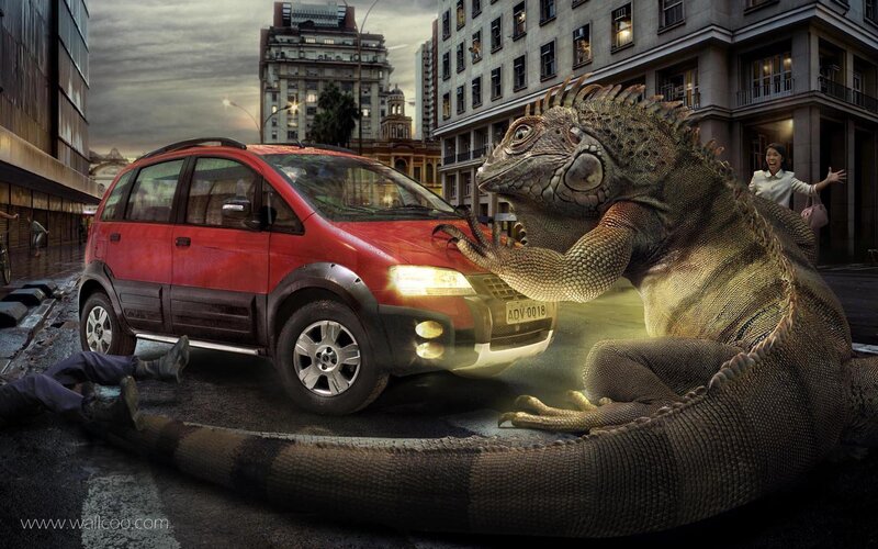 Giant Iguana Attacking Car