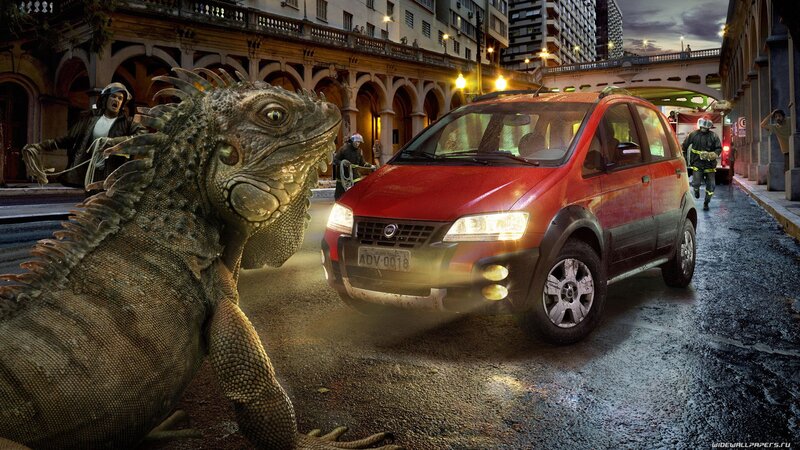 giant iguana in city street
