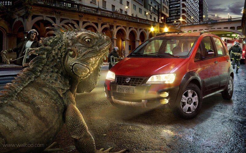 giant iguana in city street