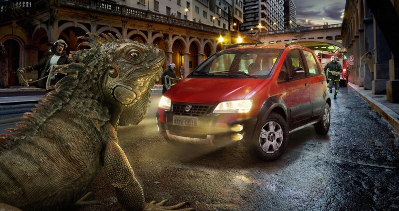 Giant iguana on city street