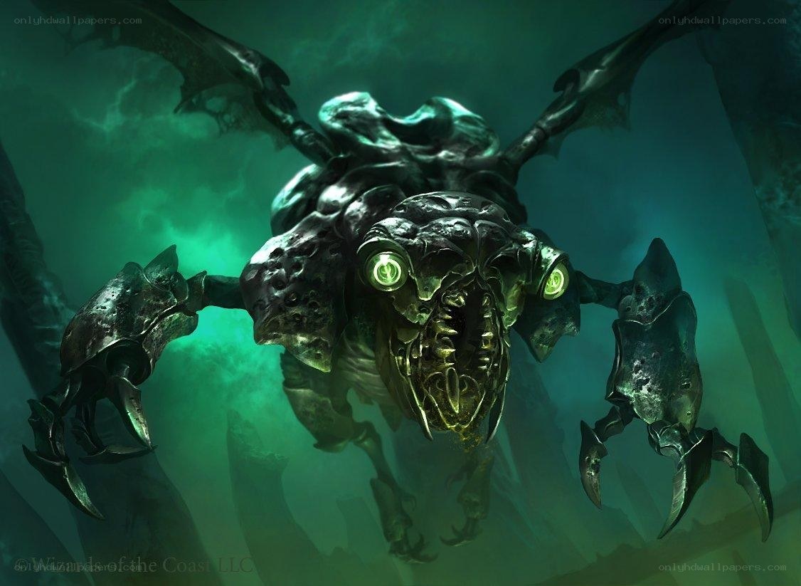 Giant insect creature in green mist