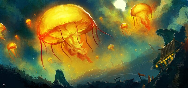 Giant jellyfish in a dreamy sky