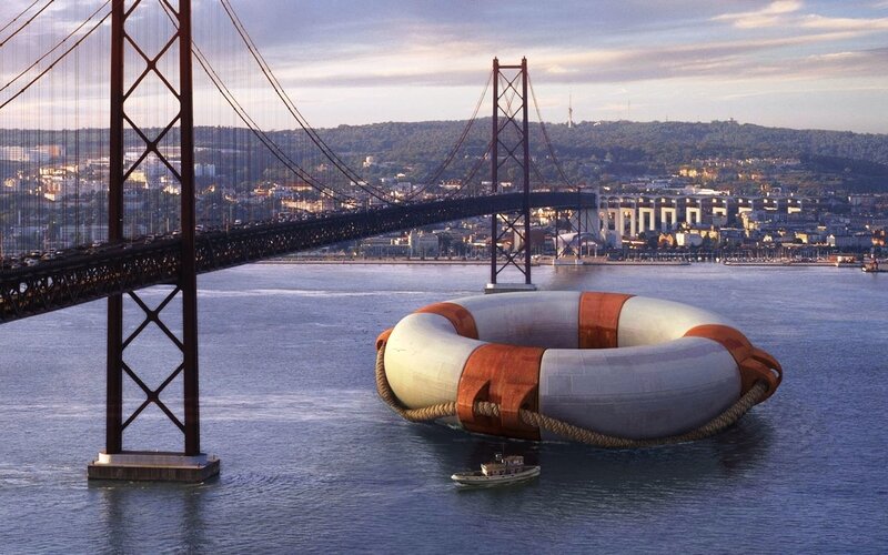 Giant Lifebuoy in Water — Blue, Dramatic, Afternoon