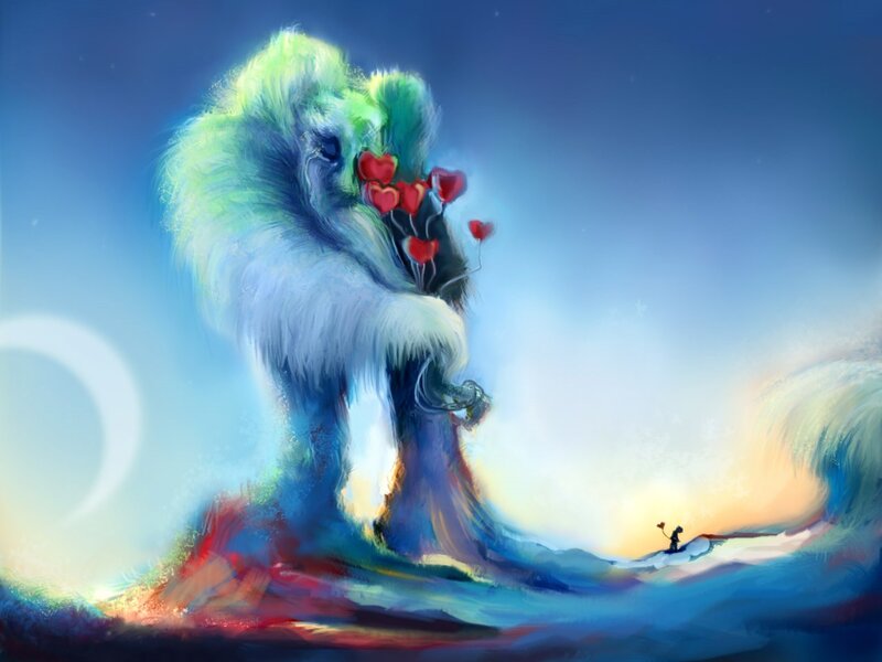 Giant Lion Holding Hearts