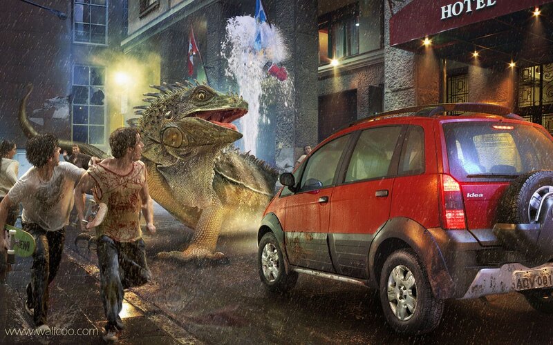 Giant Lizard Attacking City — Red, Chaotic, Night, Digital Art, People Running