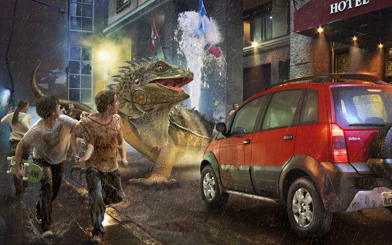 Giant Lizard Attacking City — Red