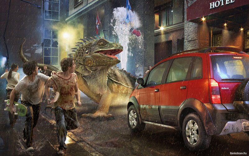 Giant Lizard Attacking City