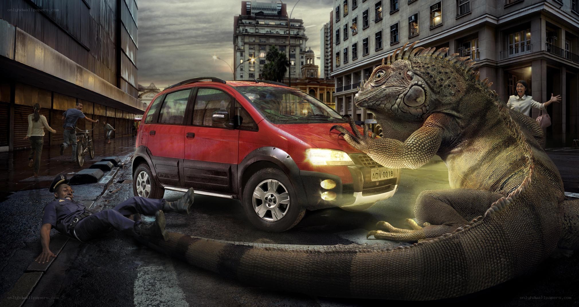 Giant lizard attacks city street
