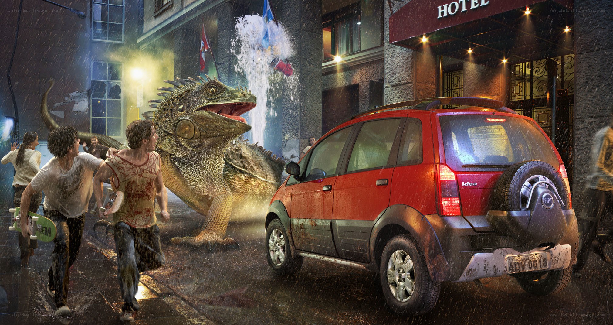 Giant lizard attacks city street