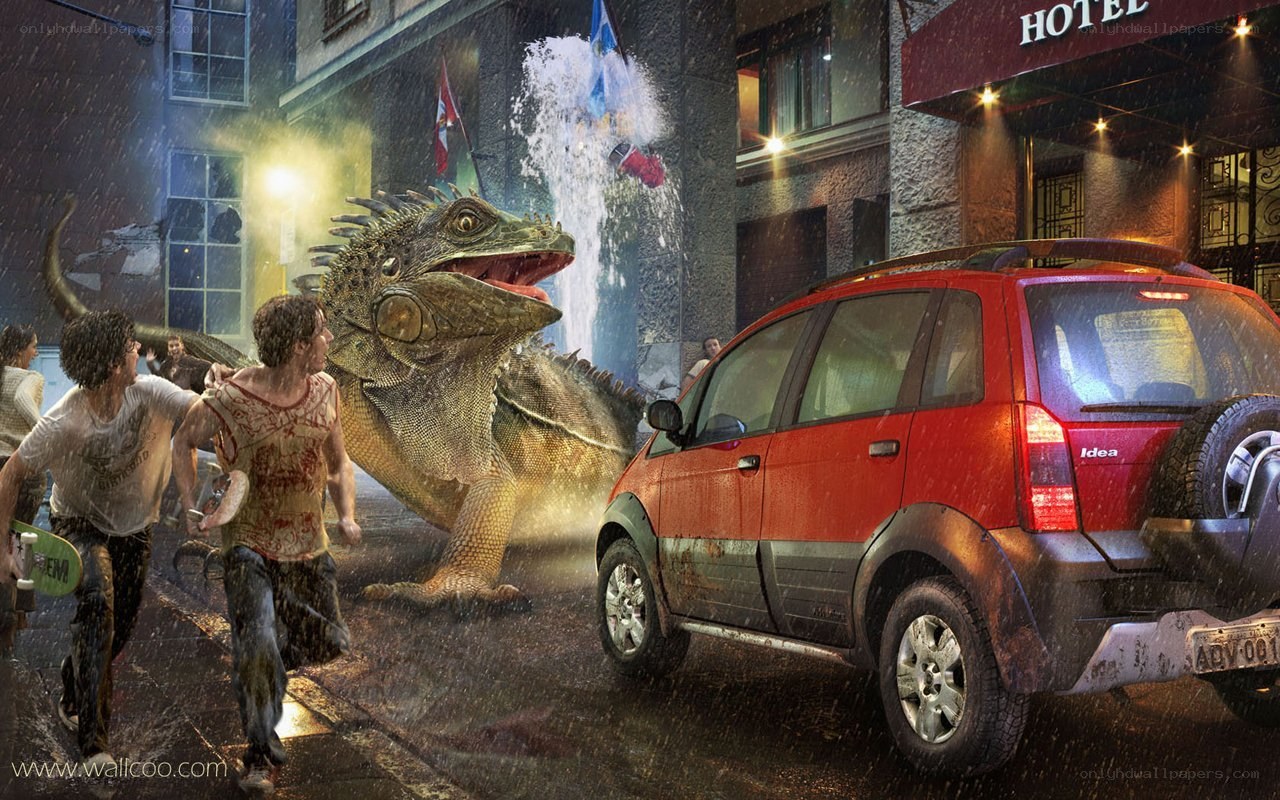 Giant lizard attacks city street