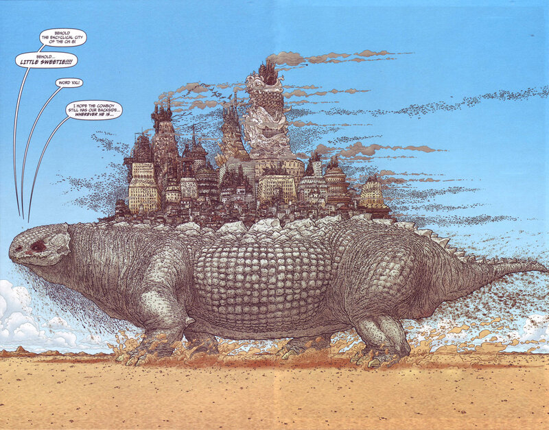 giant lizard carrying a city