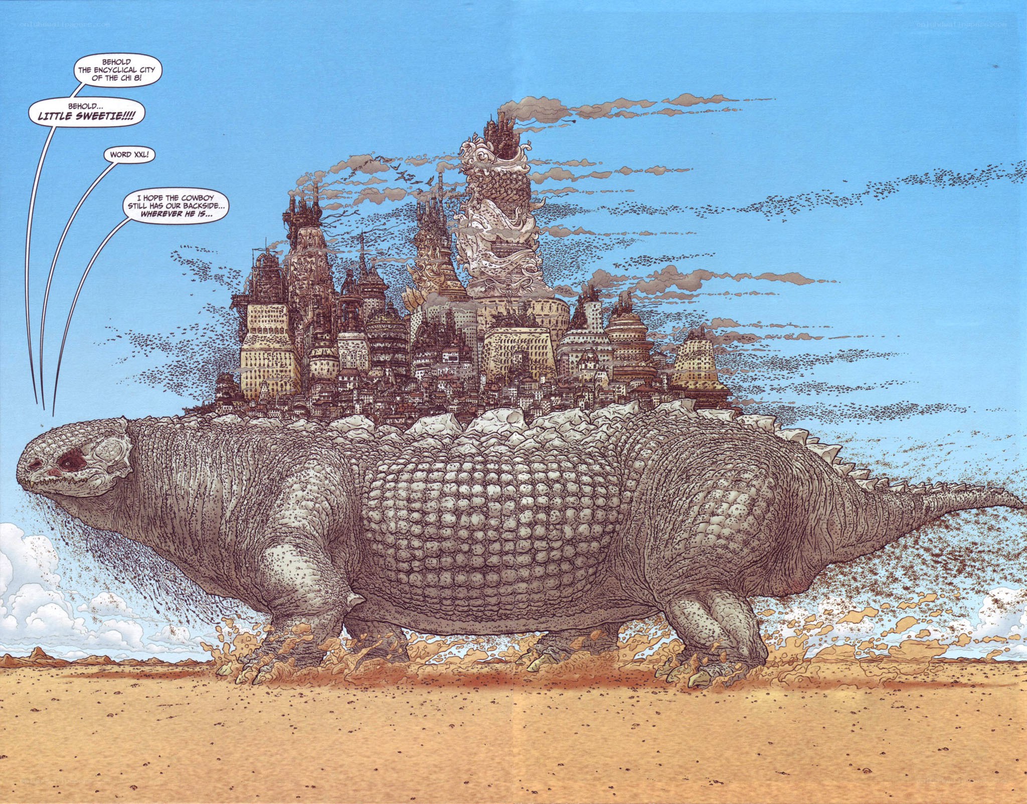 giant lizard carrying a city