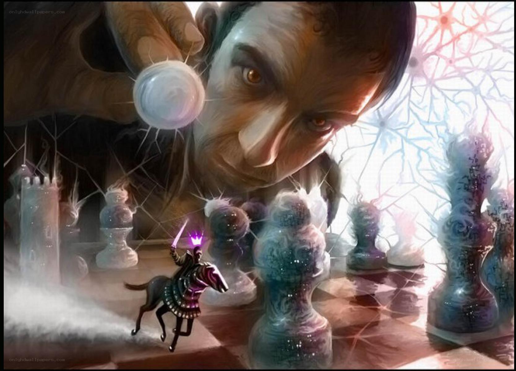 Giant man playing chess with tiny knight