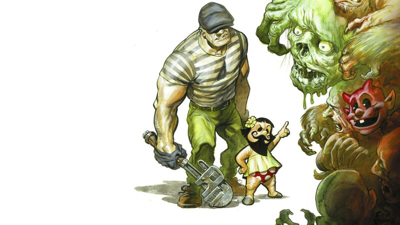 Giant man with wrench and monsters