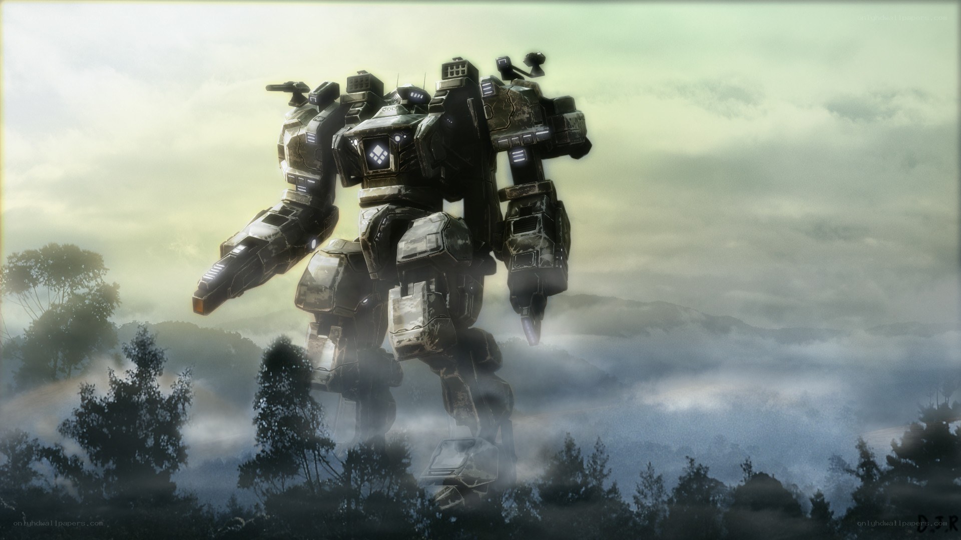 Giant mech in misty forest