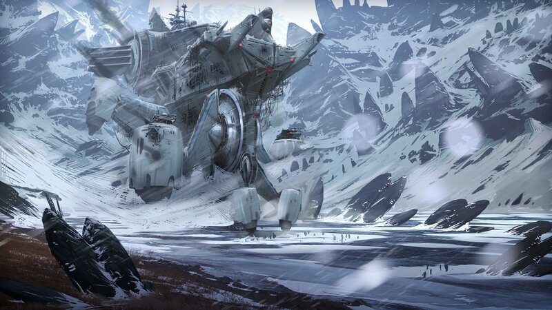giant mech in snowy mountains