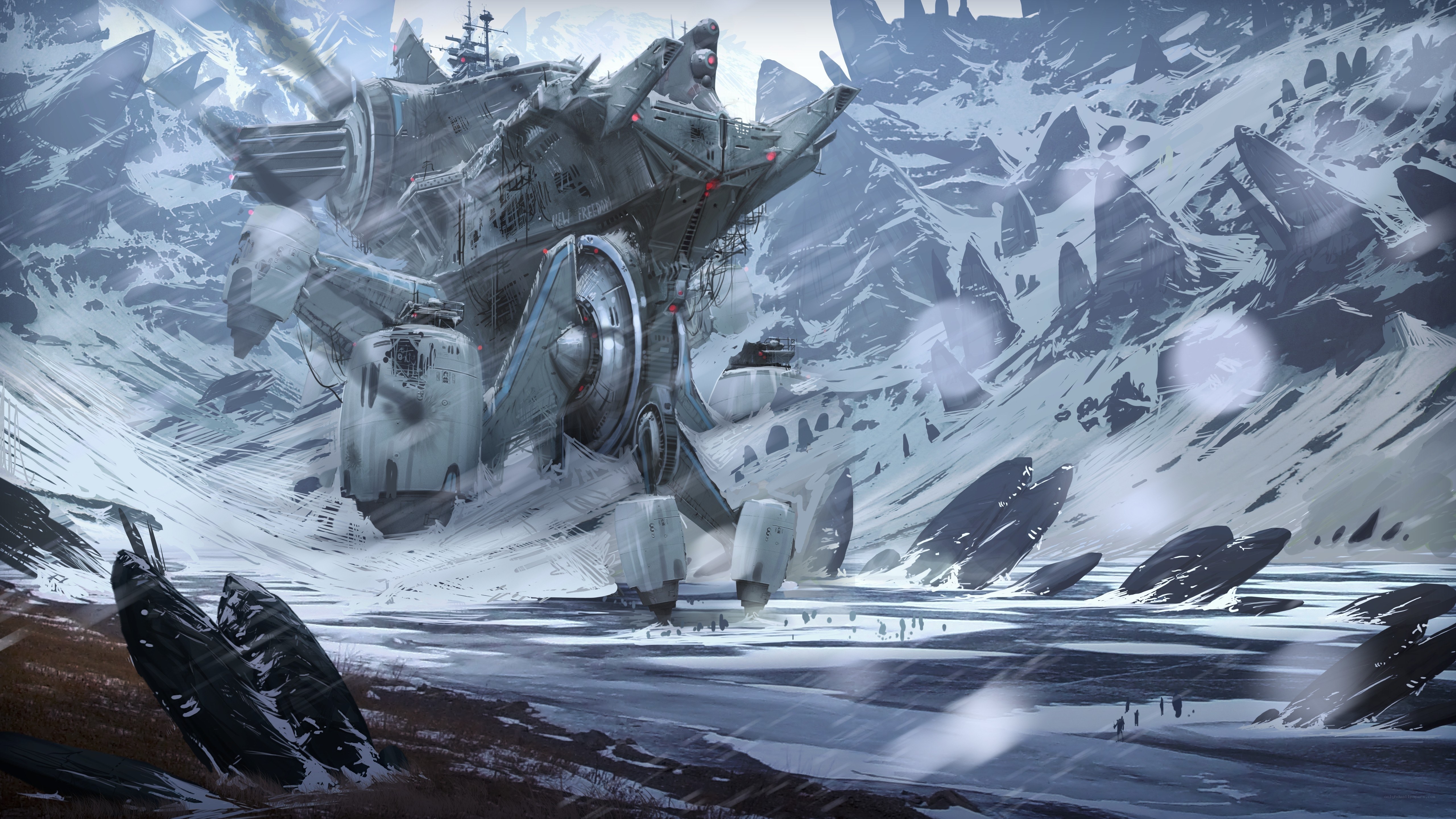giant mech in snowy mountains