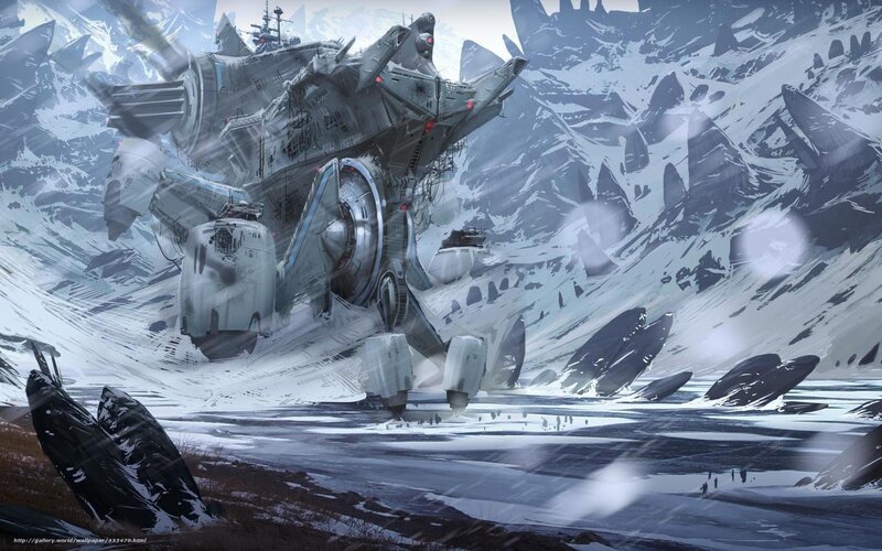 giant mech in snowy mountains
