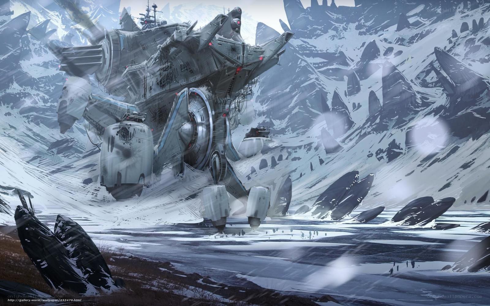 giant mech in snowy mountains
