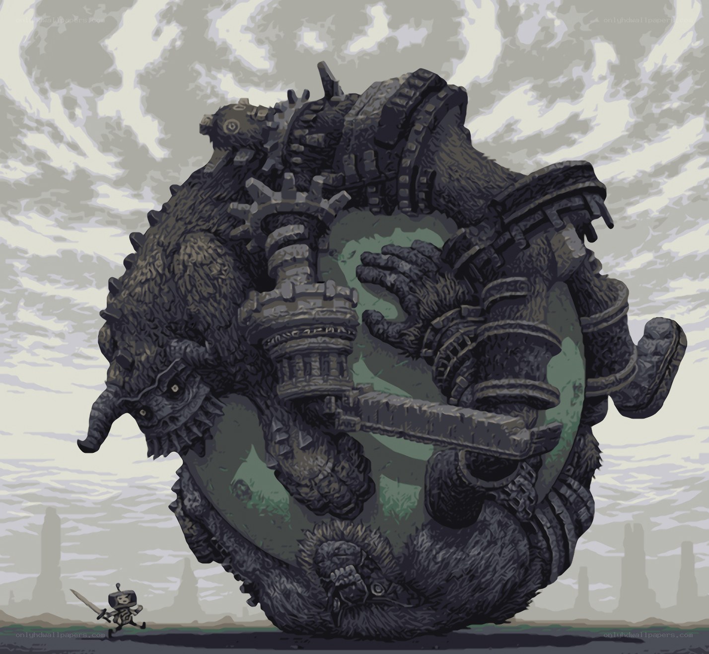 giant mechanical beast confronts warrior