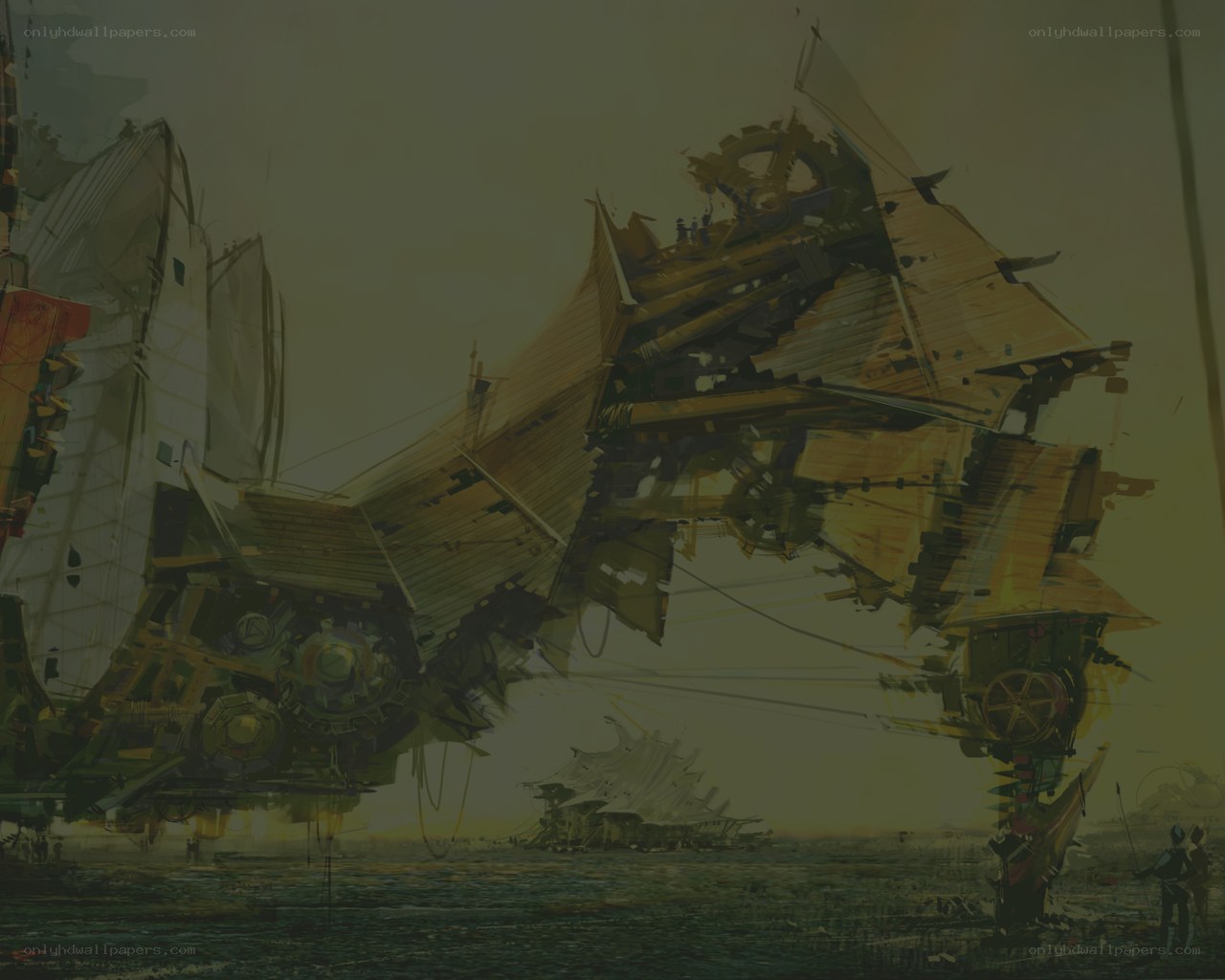 giant mechanical creature on shore