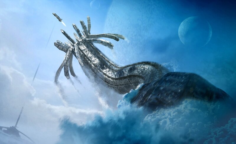 Giant Mechanical Serpent — Blue, Dramatic, Digital Art