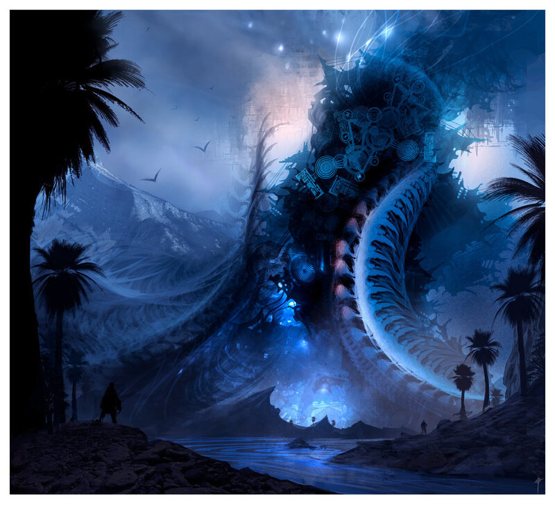 giant mechanical serpent in blue mist