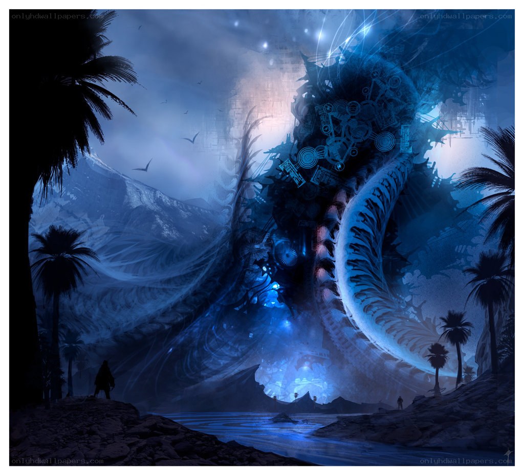 giant mechanical serpent in blue mist