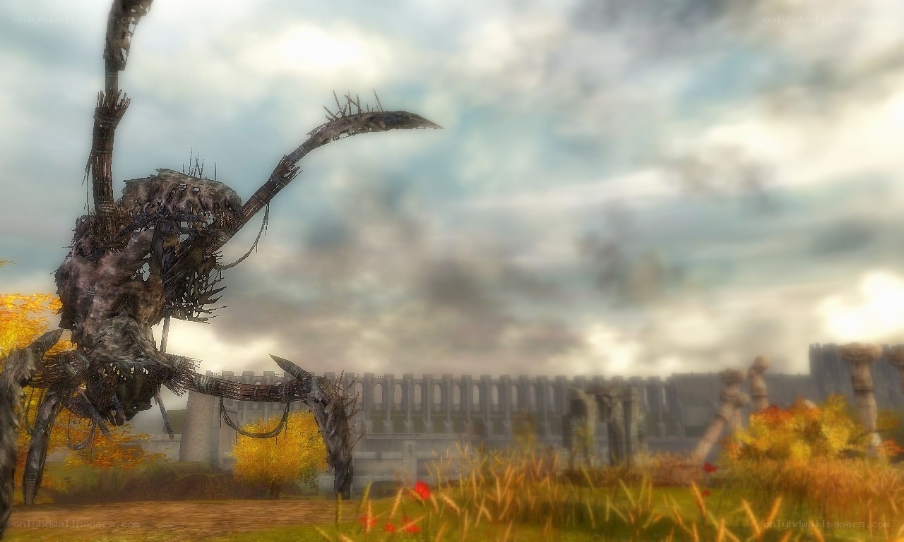 giant mechanical spider in ruins