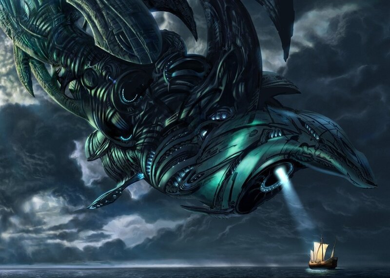 giant mechanical whale attacks ship