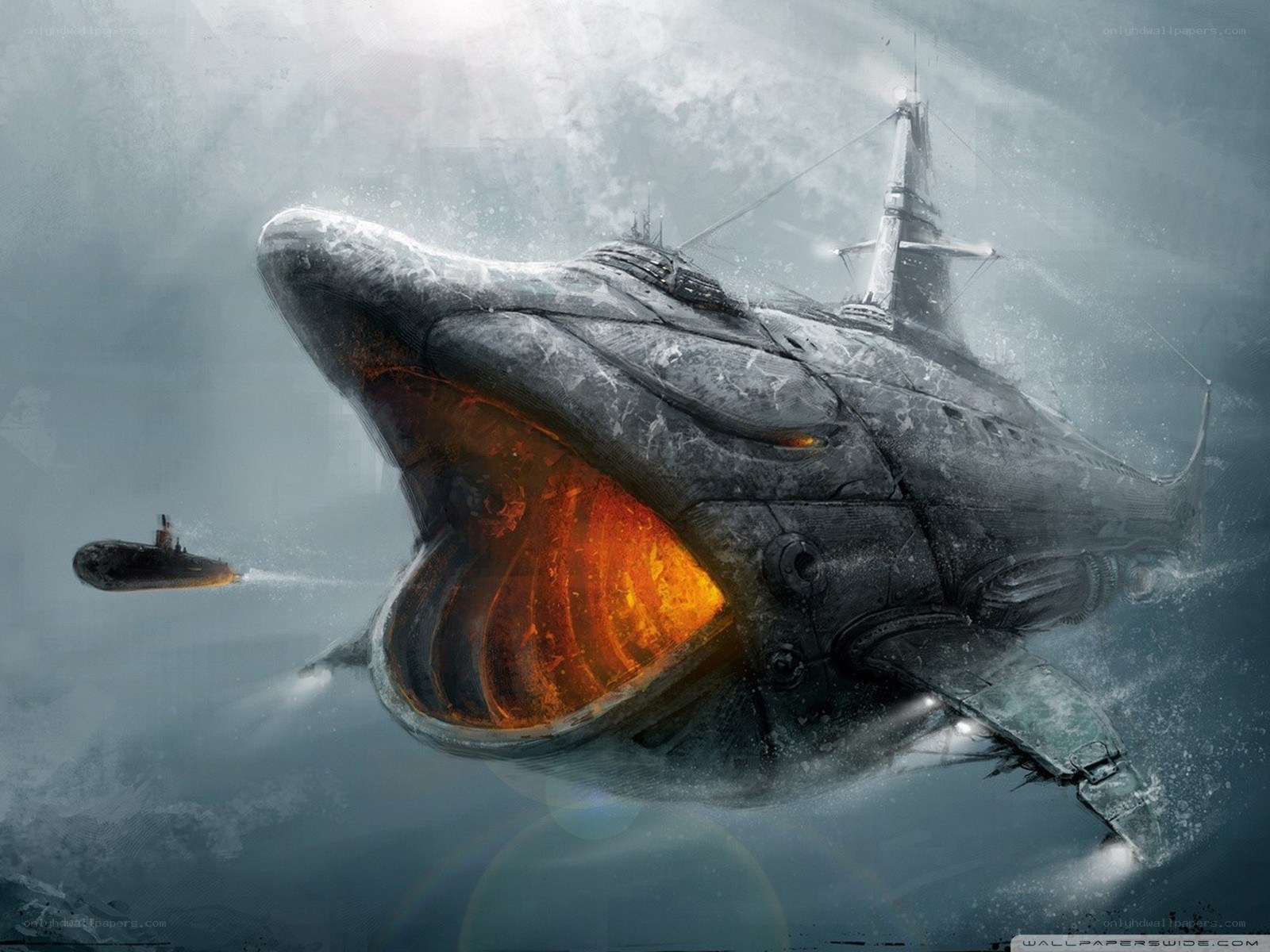 giant mechanical whale attacks submarine