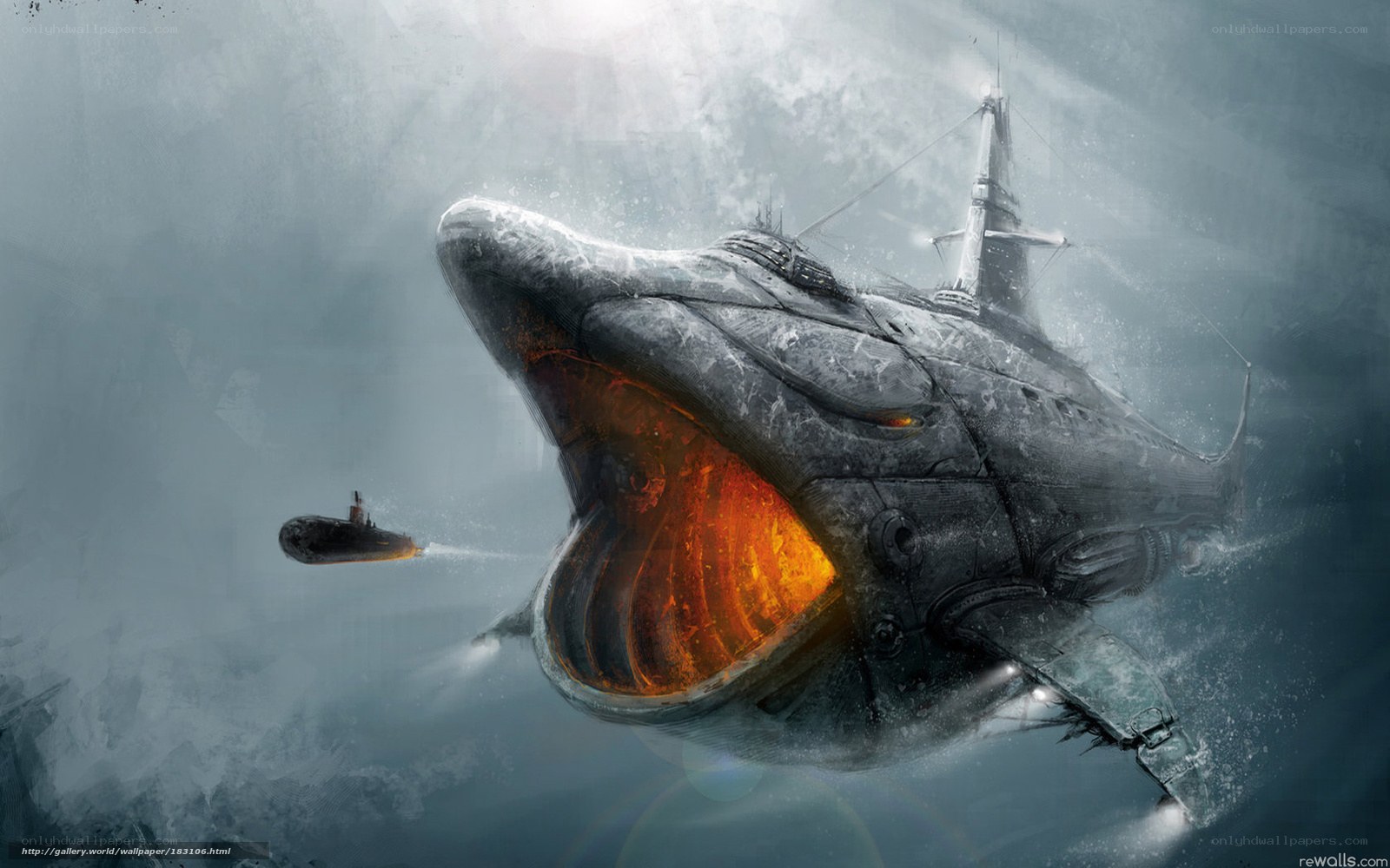giant mechanical whale attacks submarine
