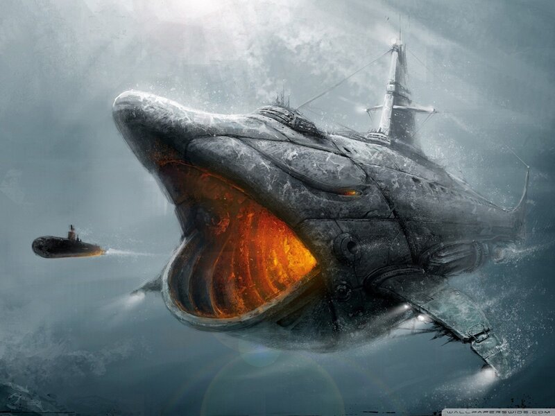 Giant Mechanical Whale — Gray, Dramatic, Digital Art, Submarine, Ocean