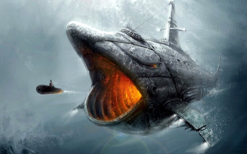 Giant Mechanical Whale — Gray, Dramatic, Digital Art