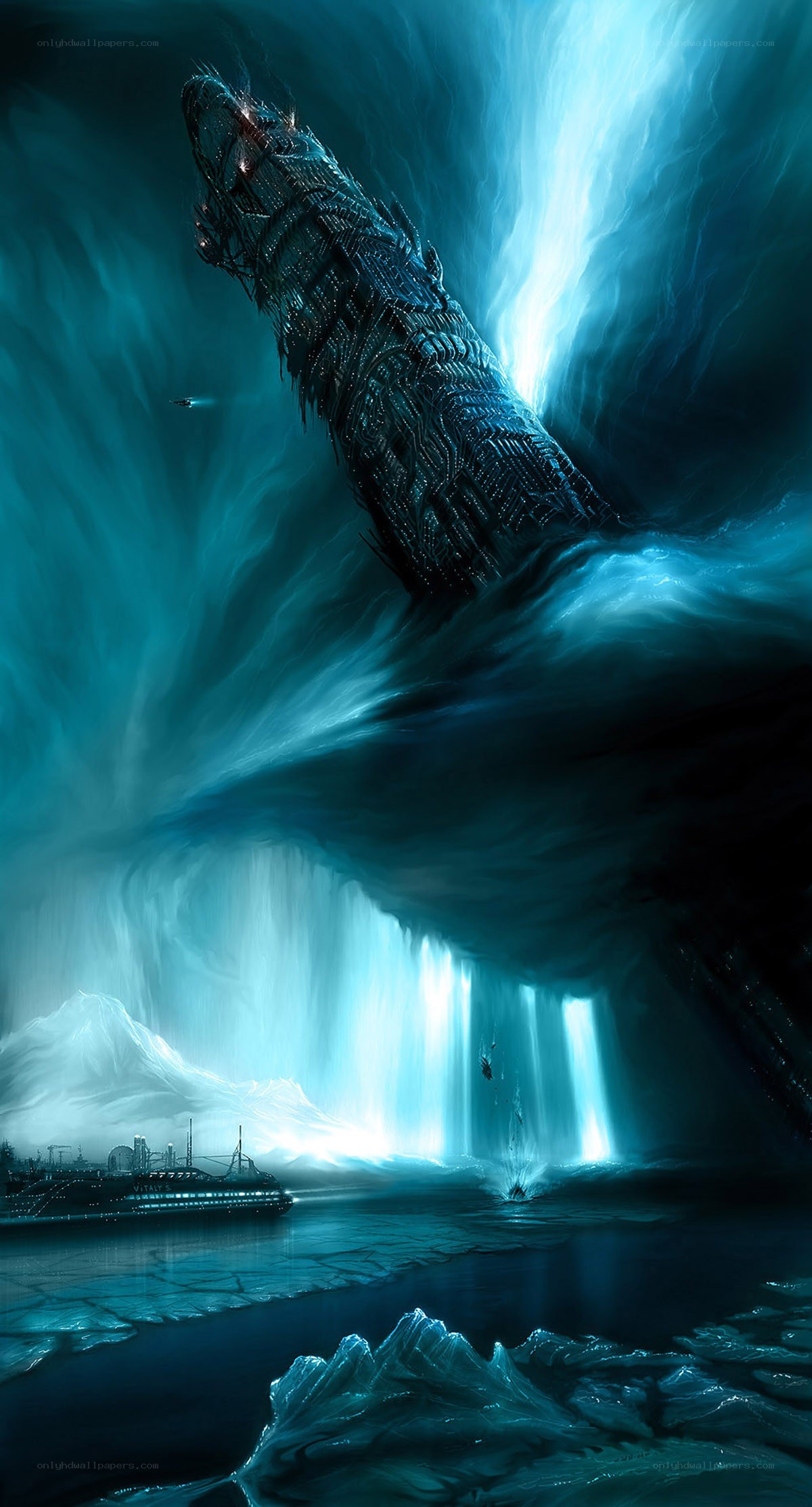 giant mechanical whale in icy cavern