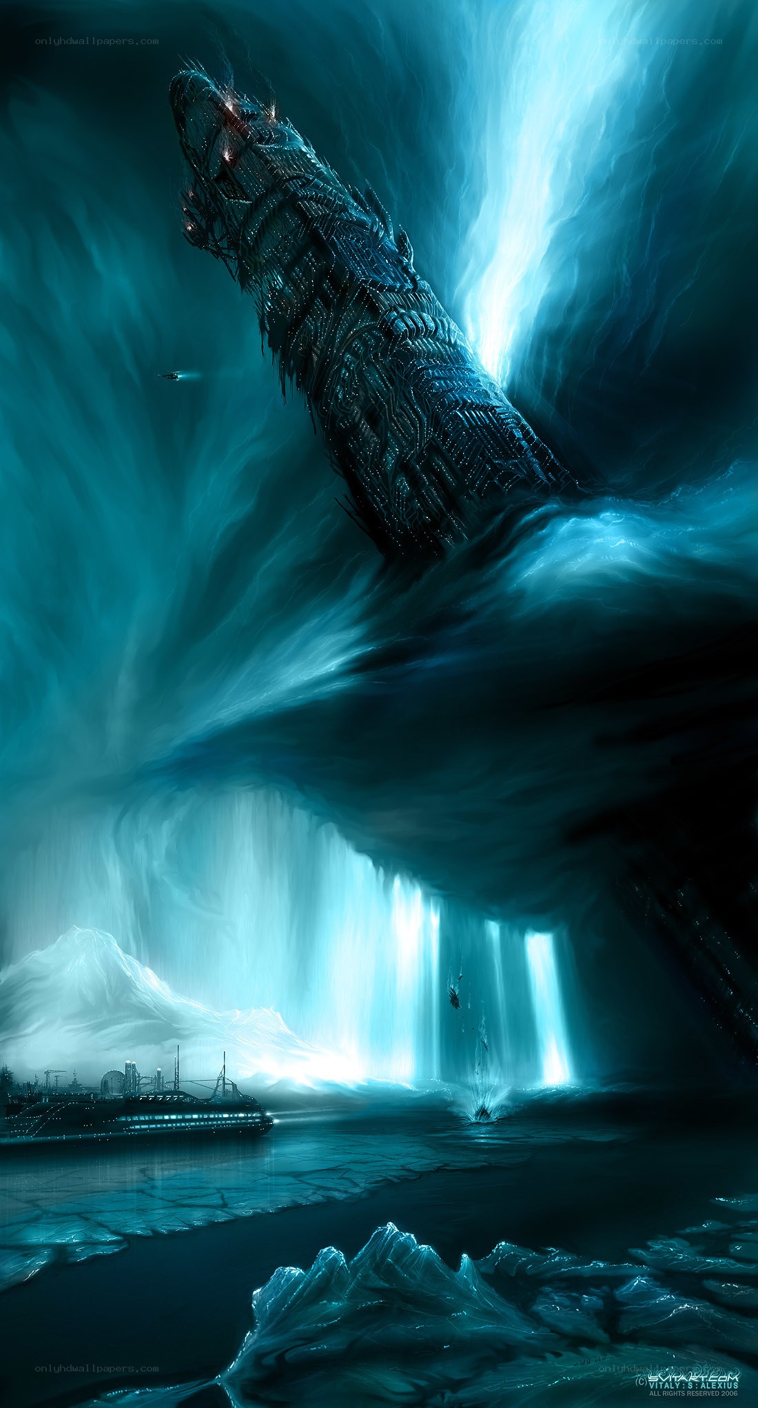 giant mechanical whale in icy cavern