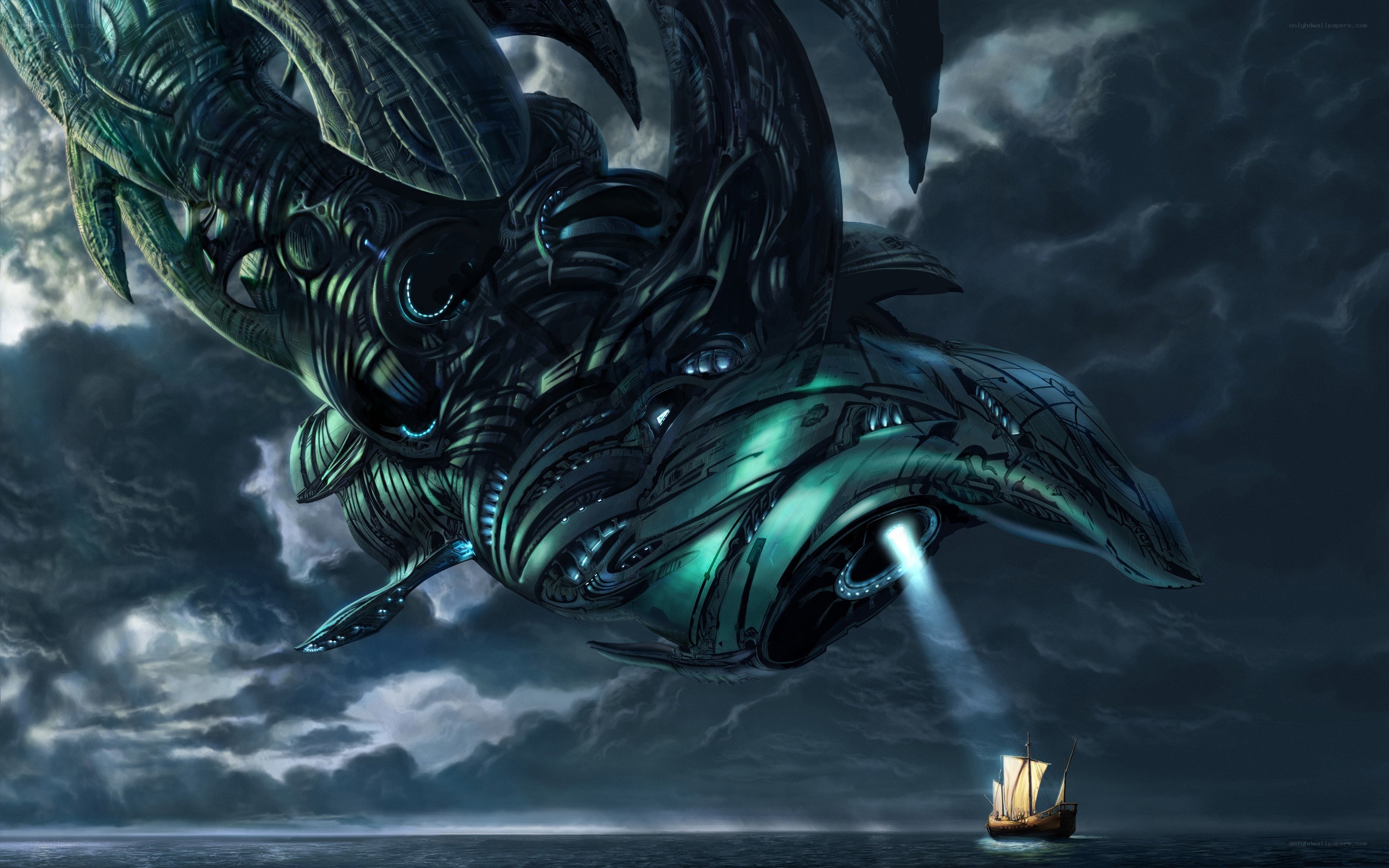 giant mechanical whale in storm